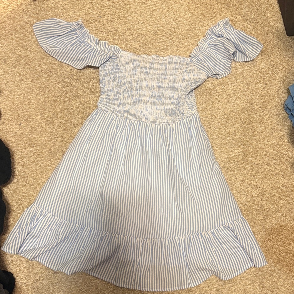 Lulu's Blue and White Striped Off-Shoulder Dress